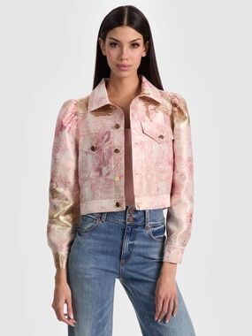 Alice + Olivia Pink and Gold Cropped Brocade Jean Jacket